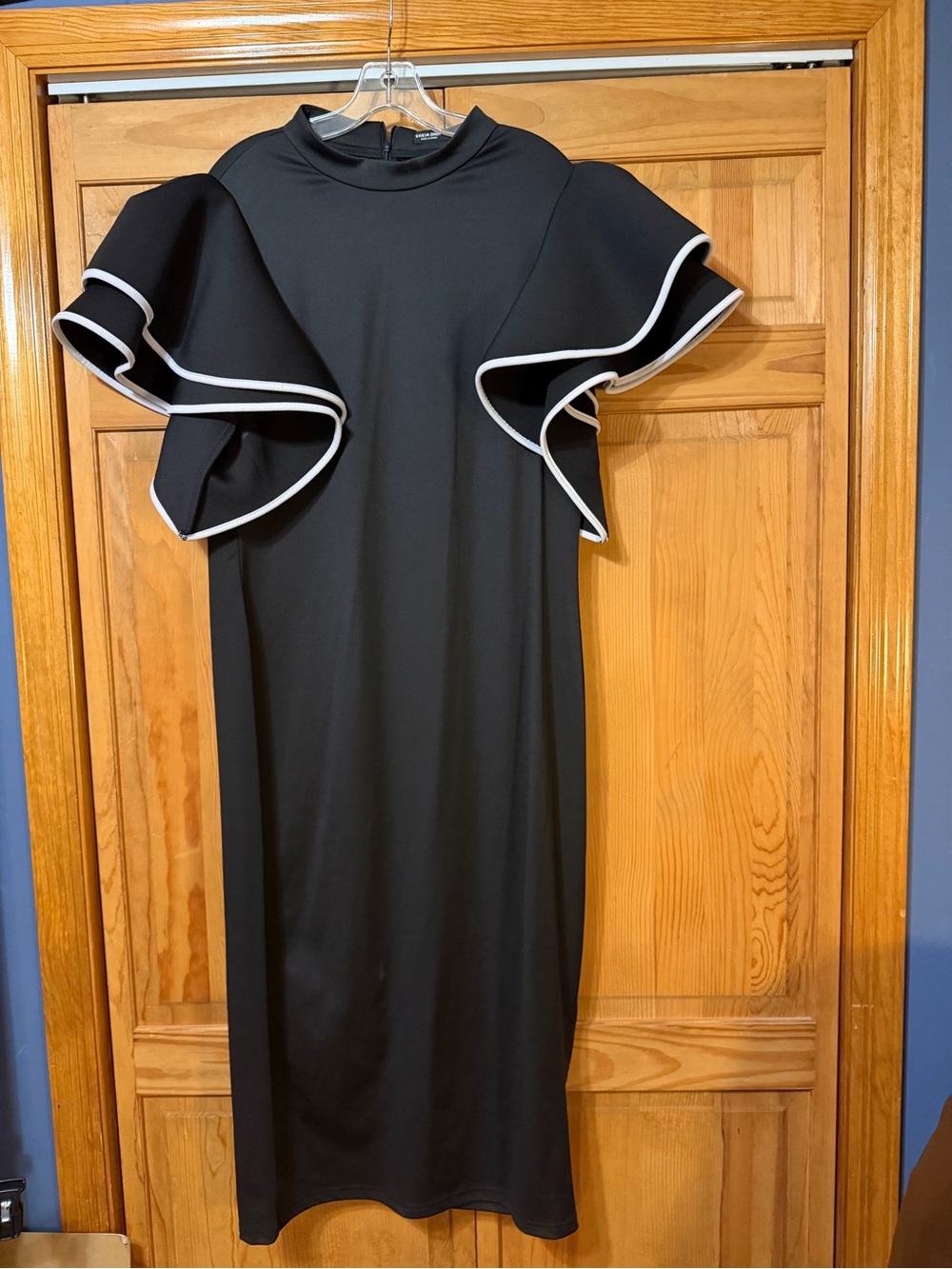SHEIN Black Midi Dress with White-Trim Ruffle Sleeves